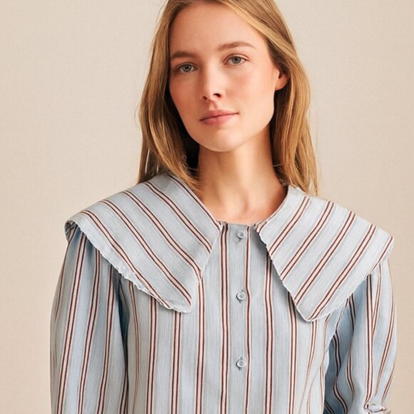 Paul & Joe Paris Striped Blouse Wide Collar Button Front NWOT Short Sleeves Silk - Picture 9 of 9